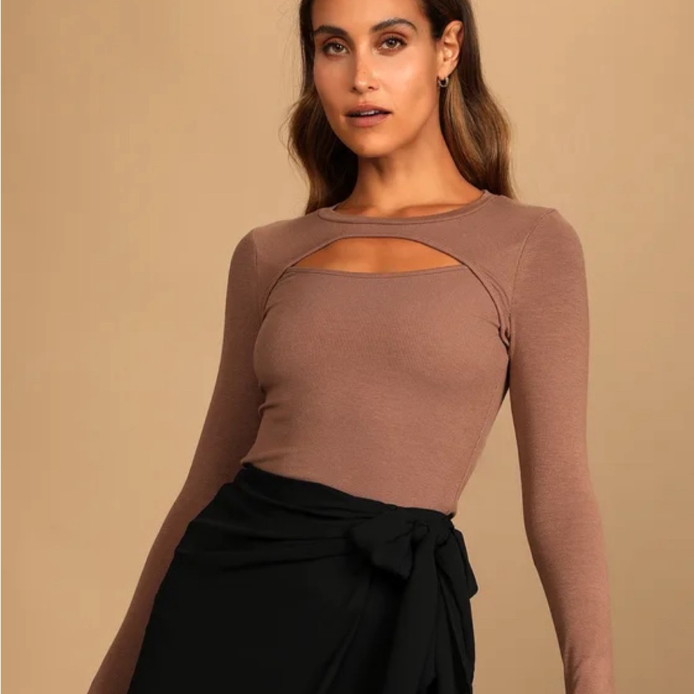Lulus Flirty Little Secret Brown Ribbed Cutout Long Sleeve Top
